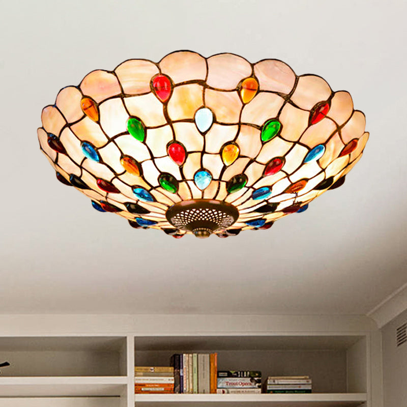 Tiffany Beige Shell Flush Mount Ceiling Light - 3/4-Light Cabochons-Embellished, Ideal for Living Room - 16"/21" Wide