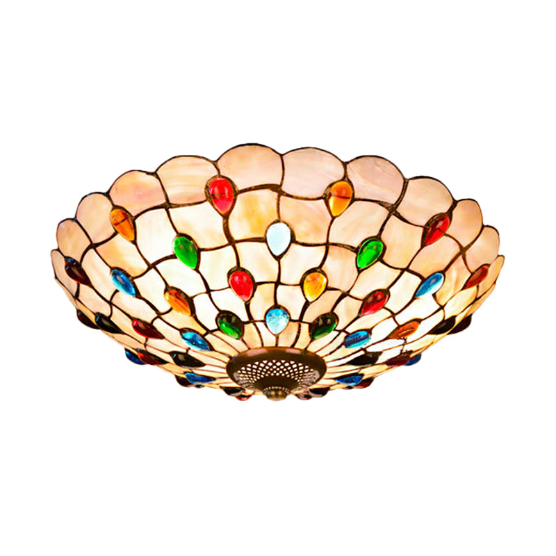 Tiffany Beige Shell Flush Mount Ceiling Light - 3/4-Light Cabochons-Embellished, Ideal for Living Room - 16"/21" Wide