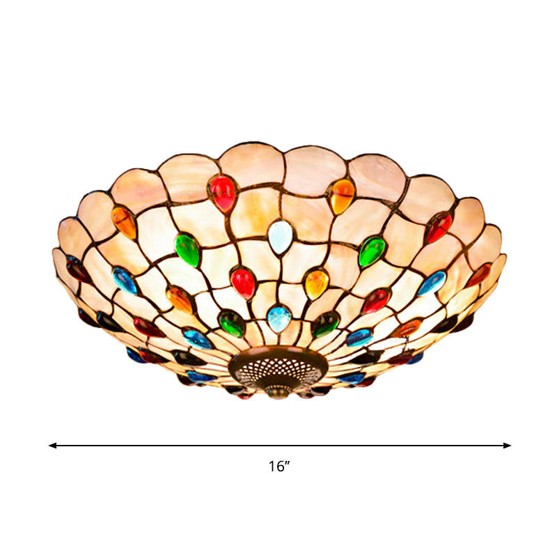 Tiffany Beige Shell Flush Mount Ceiling Light - 3/4-Light Cabochons-Embellished, Ideal for Living Room - 16"/21" Wide