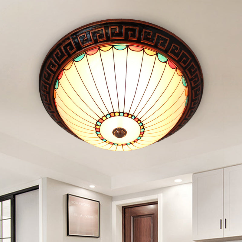 Bronze 2-Bulb Baroque White Glass Dome Ceiling Flush Mount With Scalloped Edge