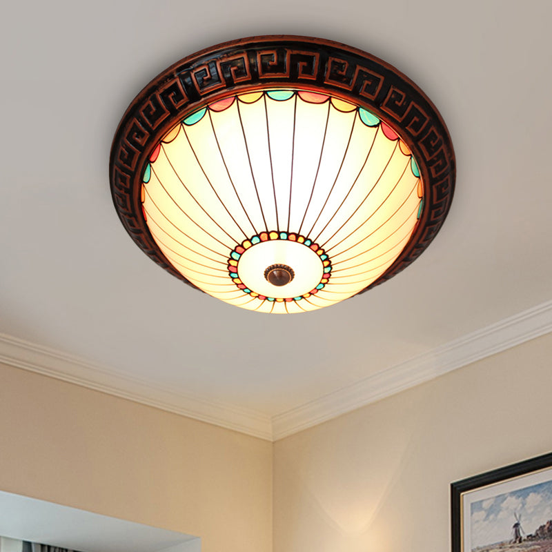 Bronze 2-Bulb Baroque White Glass Dome Ceiling Flush Mount With Scalloped Edge