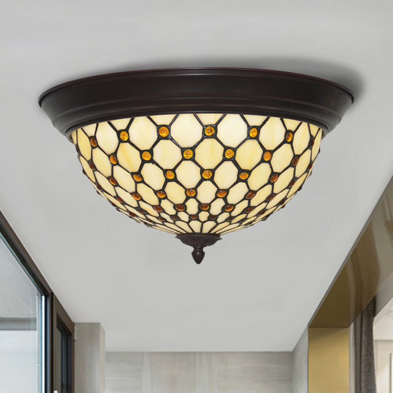 Handcrafted Beige Netting Flush Mount Lamp with Baroque Glass LED Ceiling Light