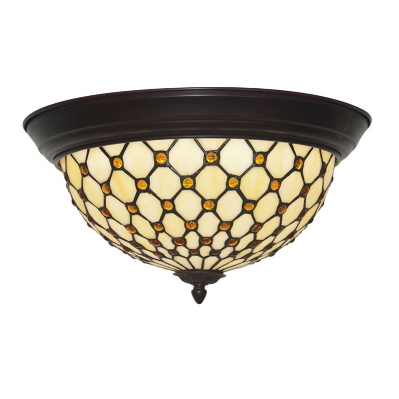 Handcrafted Beige Netting Flush Mount Lamp With Baroque Glass Led Ceiling Light