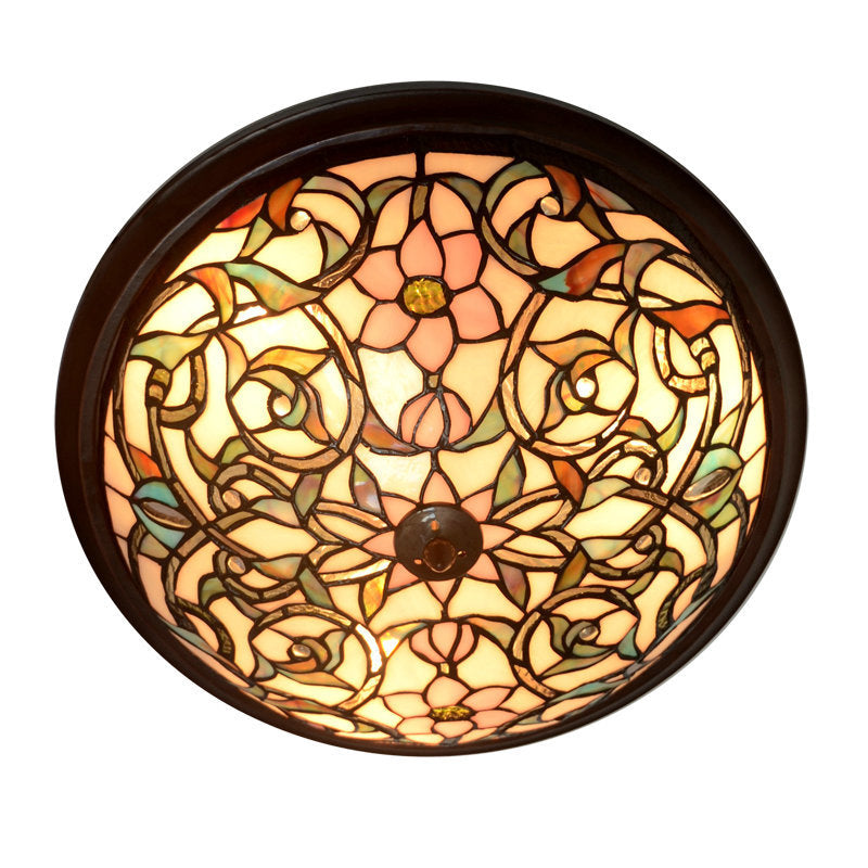 Black-LED Ceiling Flush Mount - Tiffany Cut Glass Swirl Flower Lighting