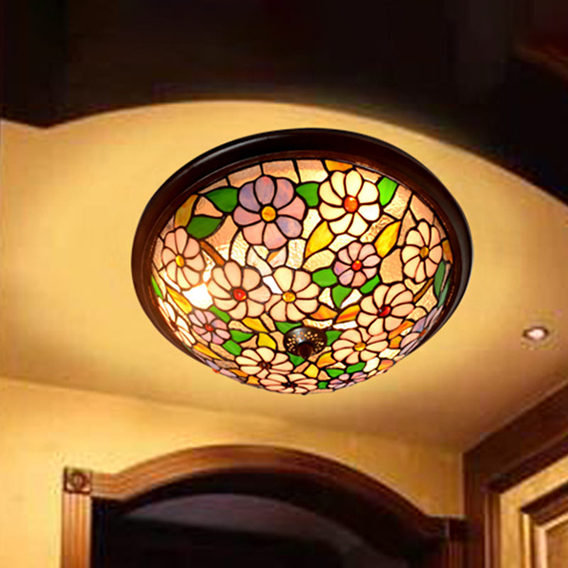 Victorian Style LED Stained Glass Ceiling Light in Coffee - Flush-Mount Fixture