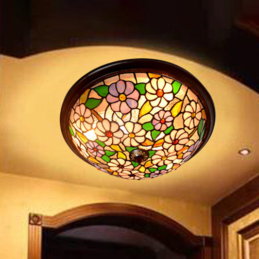 Victorian Style LED Stained Glass Ceiling Light in Coffee - Flush-Mount Fixture