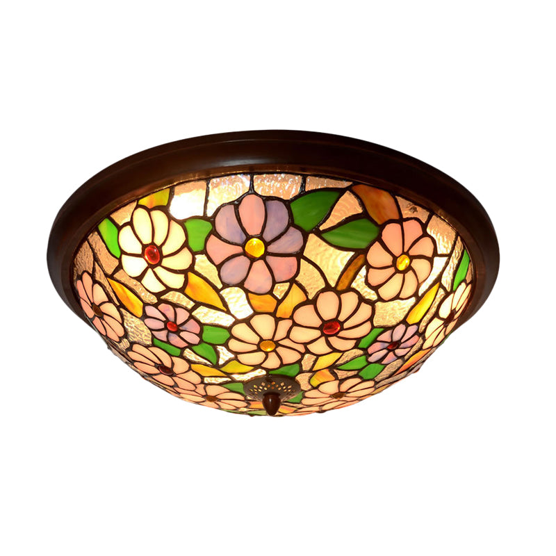 Victorian Style LED Stained Glass Ceiling Light in Coffee - Flush-Mount Fixture