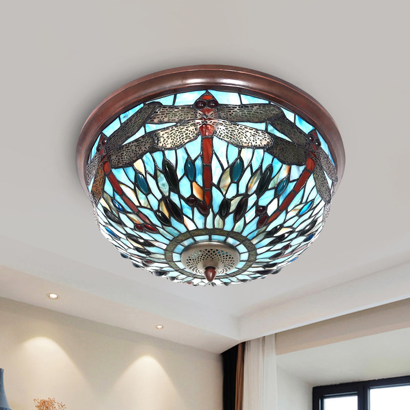 Dome Flush Mount Light: Blue/Red Tiffany Stained Glass LED Ceiling Lamp with Dragonfly Pattern