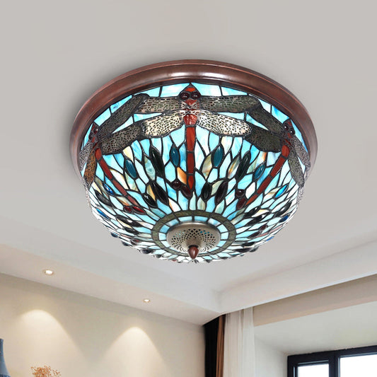 Dome Flush Mount Light: Blue/Red Tiffany Stained Glass LED Ceiling Lamp with Dragonfly Pattern