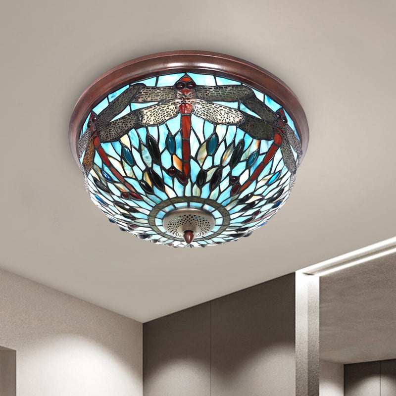 Dome Flush Mount Light: Blue/Red Tiffany Stained Glass LED Ceiling Lamp with Dragonfly Pattern