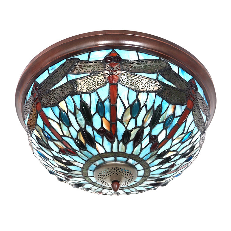Dome Flush Mount Light: Blue/Red Tiffany Stained Glass LED Ceiling Lamp with Dragonfly Pattern