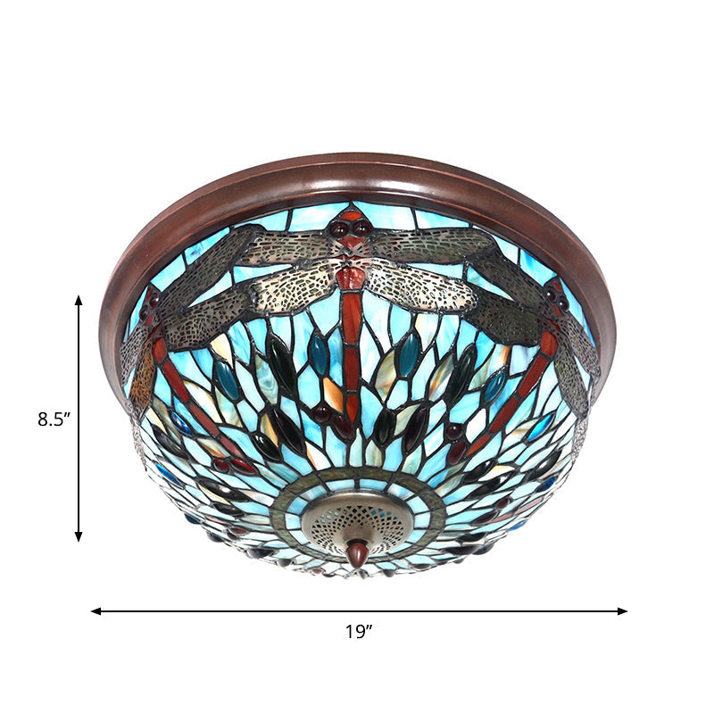 Dome Flush Mount Light: Blue/Red Tiffany Stained Glass LED Ceiling Lamp with Dragonfly Pattern