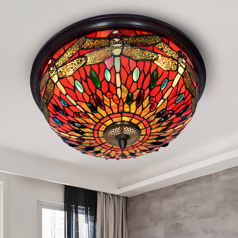 Dome Flush Mount Light: Blue/Red Tiffany Stained Glass LED Ceiling Lamp with Dragonfly Pattern