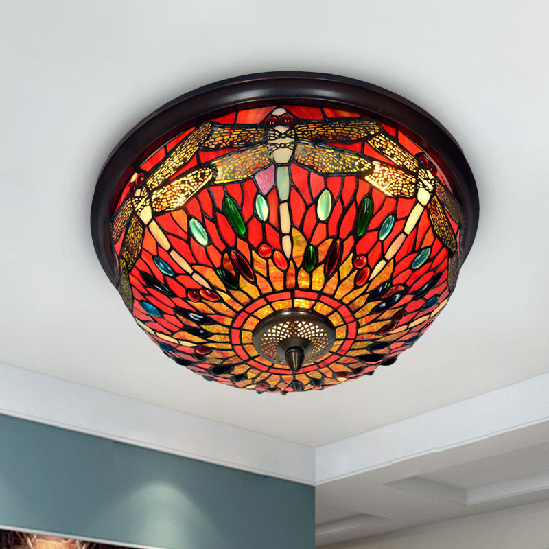 Dome Flush Mount Light: Blue/Red Tiffany Stained Glass LED Ceiling Lamp with Dragonfly Pattern