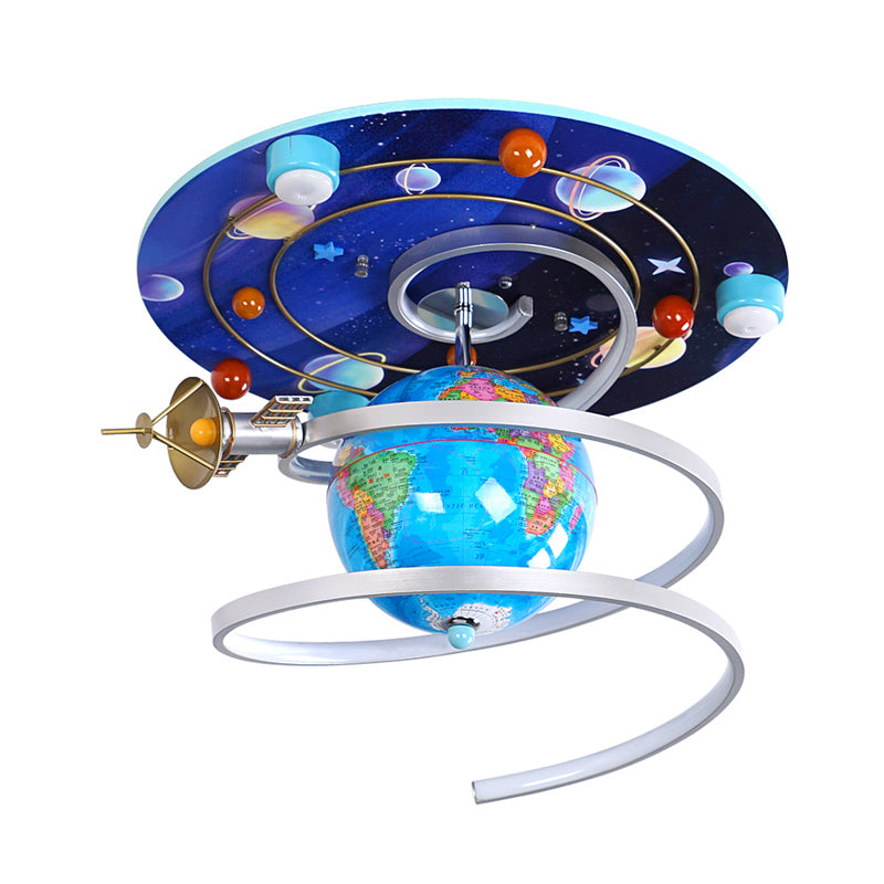 Cartoon LED Wood Flush Light Fixture - Blue Globe Ceiling Flush Mount for Kids Bedroom