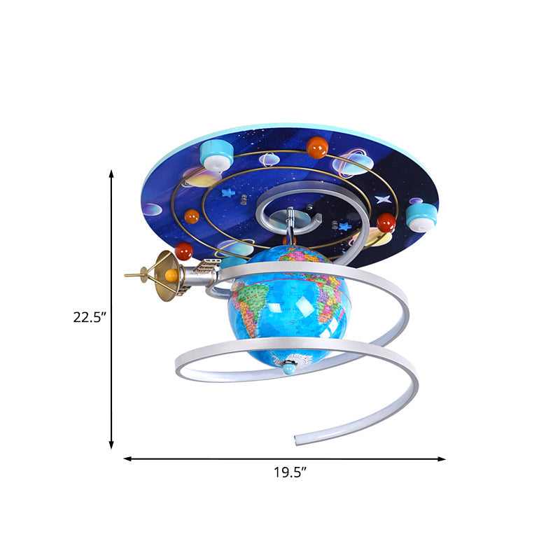 Cartoon LED Wood Flush Light Fixture - Blue Globe Ceiling Flush Mount for Kids Bedroom