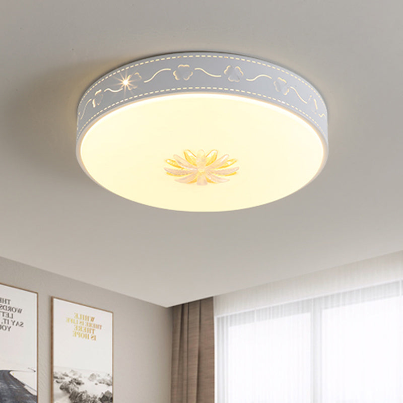 Round LED White Acrylic Flush Mount Nordic Style Fixture with Crystal Flower Deco - Modern Flush Lighting