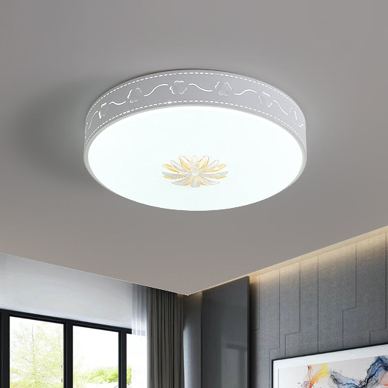 Round LED White Acrylic Flush Mount Nordic Style Fixture with Crystal Flower Deco - Modern Flush Lighting