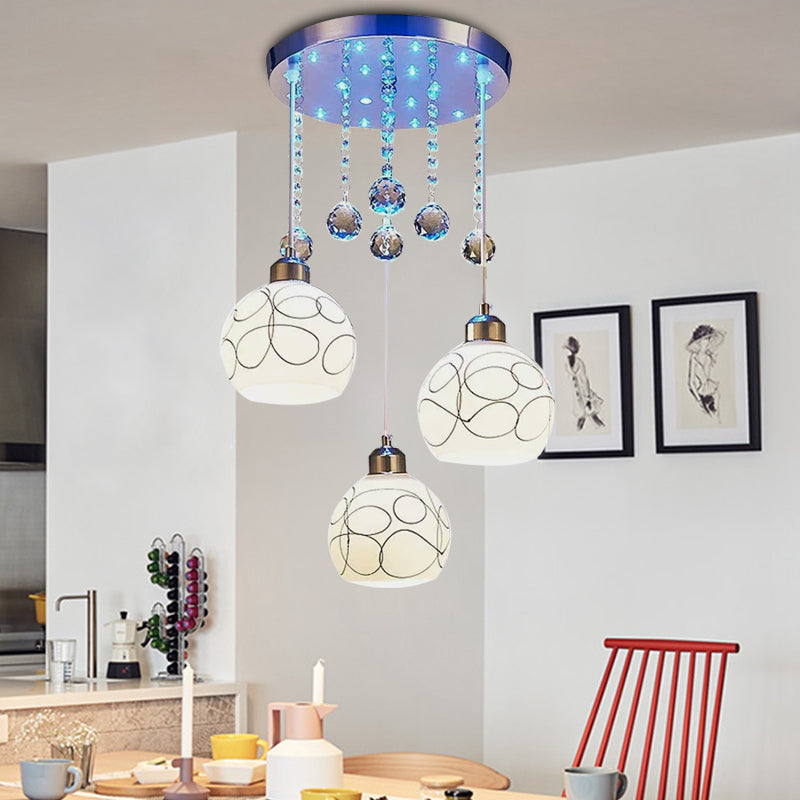 3 Bulbs Dining Room Chrome Pendulum Ceiling Light With White Glass Shade And Crystal Drop - Modern