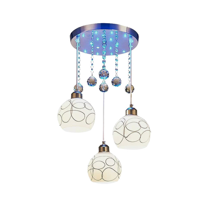 3 Bulbs Dining Room Chrome Pendulum Ceiling Light With White Glass Shade And Crystal Drop - Modern