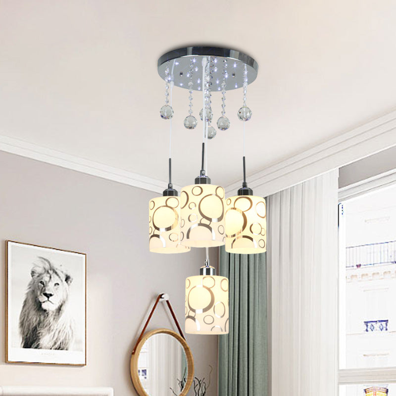Modern Patterned Glass Cylinder Pendant Light with Crystal Accents and 4 Bulbs in Chrome