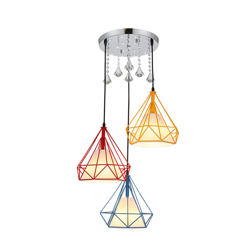 Modern 3-Head Diamond Cage Pendant Lamp: Red, Yellow, Blue Multi-Light Ceiling Lighting