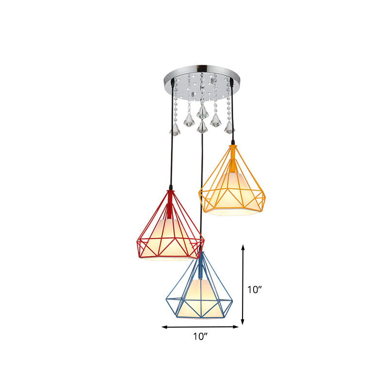 Modern 3-Head Diamond Cage Pendant Lamp: Red, Yellow, Blue Multi-Light Ceiling Lighting