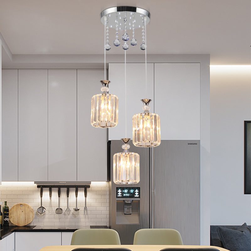 Chrome Finish Crystal Prisms Cylinder Pendant Ceiling Fixture - Minimal 3 Heads