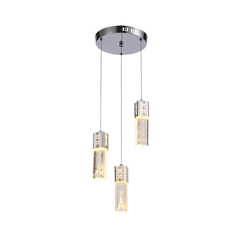 Square Tube Led Hanging Lamp Clear Crystal Glass 3-Light Cluster Pendant In Chrome For Dining Room