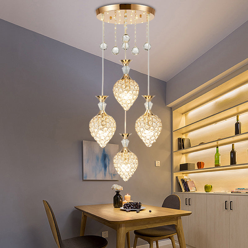 Modernist Gold Finish Crystal Teardrop Cluster Pendant Ceiling Light
