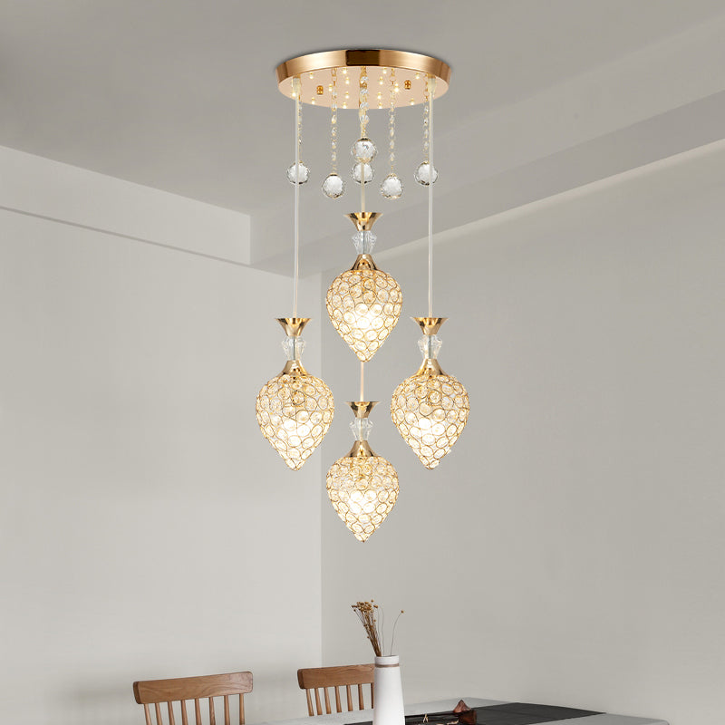 Modernist Gold Finish Crystal Teardrop Cluster Pendant Ceiling Light