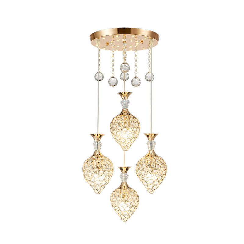 Gold Finish Teardrop Pendant with Crystal Cluster & Modernist Design - 3 Bulb Hanging Ceiling Light