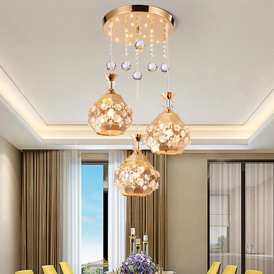 Gold Modern Crystal Chandelier with 3 Embedded Lights for Dining Room, Dome Design, Multi-Hanging