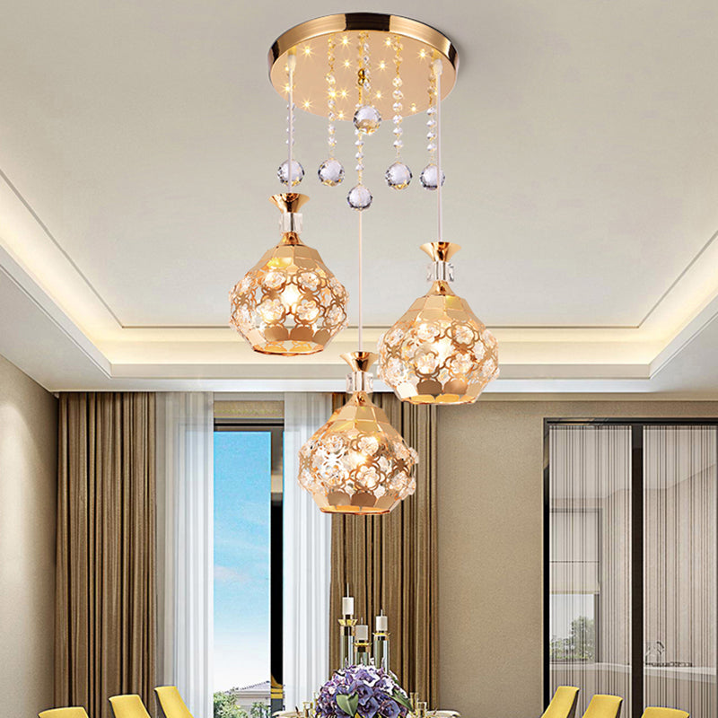 Modern Gold Dome Crystal Embedded Hanging Light With 3 Lights - Stylish Suspension Lamp For Dining