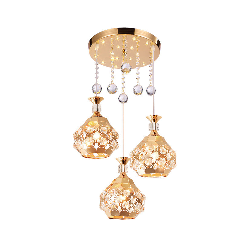 Gold Modern Crystal Chandelier with 3 Embedded Lights for Dining Room, Dome Design, Multi-Hanging