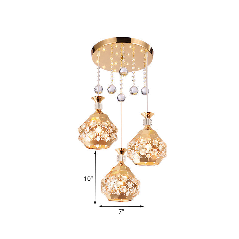 Gold Modern Crystal Chandelier with 3 Embedded Lights for Dining Room, Dome Design, Multi-Hanging