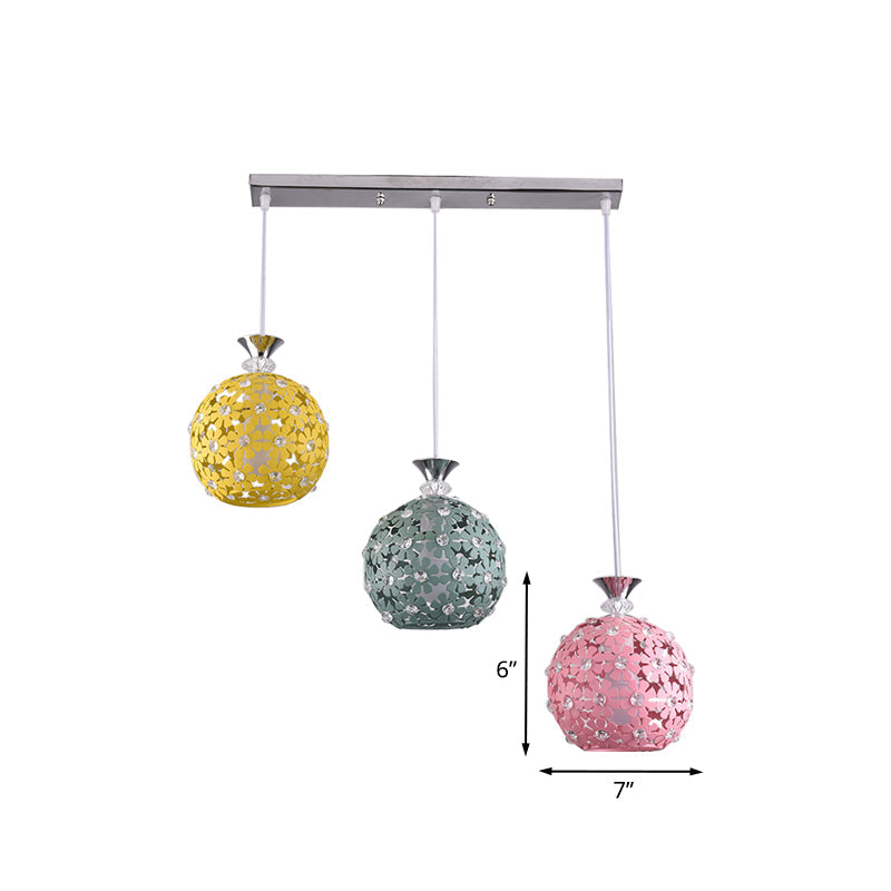 Modern 3-Head Iron Pendant Light with Globe Cluster and Floret Design - Green, Yellow, Pink