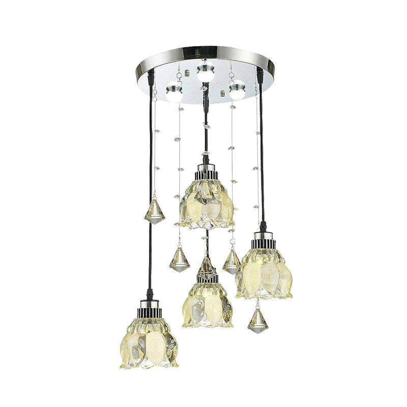Contemporary Crystal Lotus Shade Pendant Lamp With 4-Bulb Chrome Hanging Light Kit