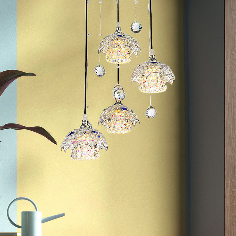 Cylinder Crystal Block Cluster Pendant Light With Umbrella Top - Contemporary Chrome Finish 4 Lights