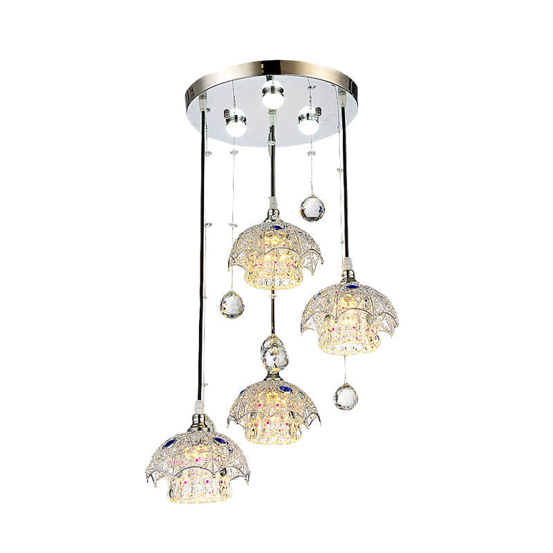 Cylinder Crystal Block Cluster Pendant Light With Umbrella Top - Contemporary Chrome Finish 4 Lights