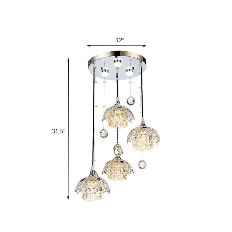 Contemporary Crystal Pendant Light with Chrome Finish and Down Lighting - 4 Cylinder Cluster Style