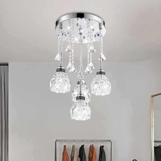 Modern 4-Head Crystal Shade Flower Ceiling Light Fixture - Chrome Finish Multi-Pendant