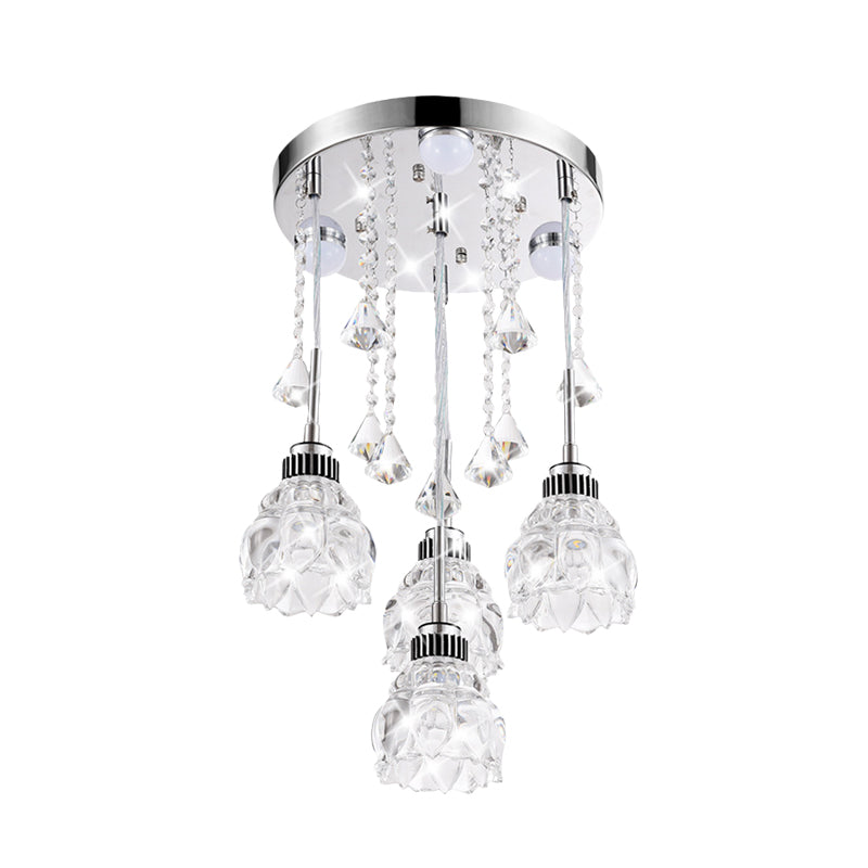Stylish 4-Light Multi-Pendant With Crystal Shade - Chrome Finish Flower Ceiling Light Fixture