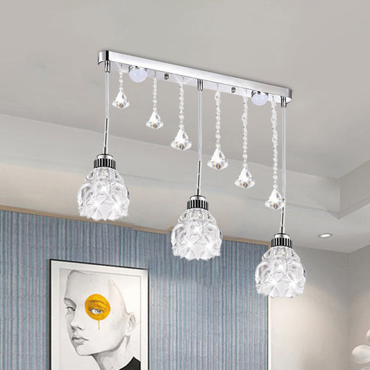 Simple Silver Floral 3-Head Crystal Glass Pendant Lamp above Dining Table