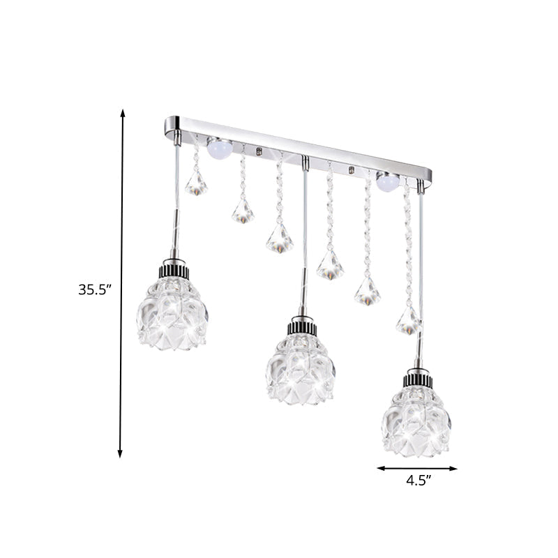 Simple Silver Floral 3-Head Crystal Glass Pendant Lamp above Dining Table