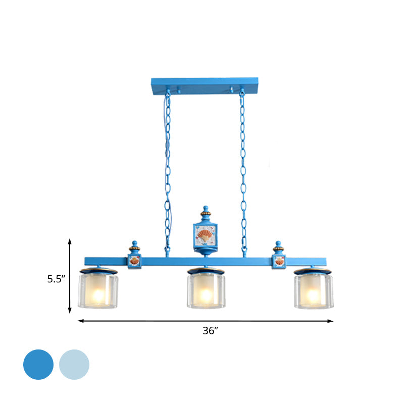 Suspension Cartoon Island à 3 ampoules avec pendule à double cylindre, abat-jour en verre bleu ciel/eau