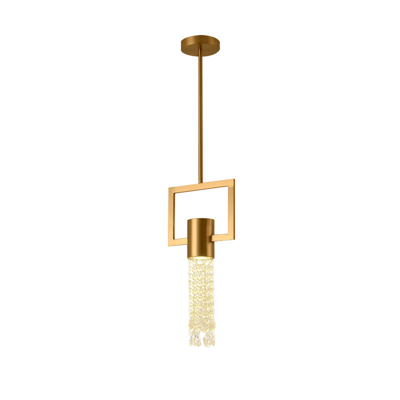 Brass Rectangle Pendant Metal Lamp with Crystal Fringe - 1-Light Bedside Hanging