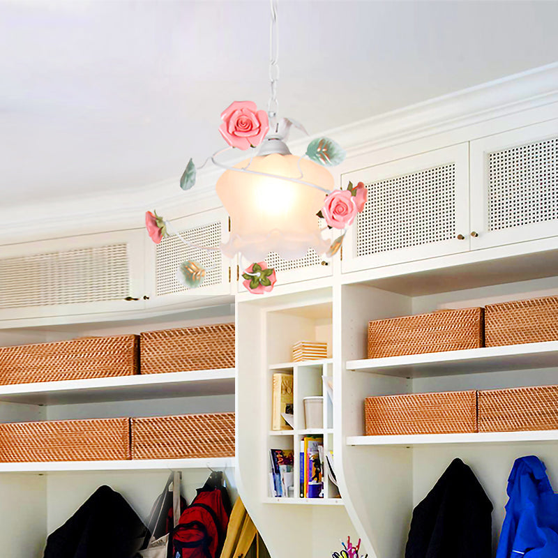 Pastoral Style Rose Hanging Lamp - 1-Bulb White Glass Pendant For Living Room