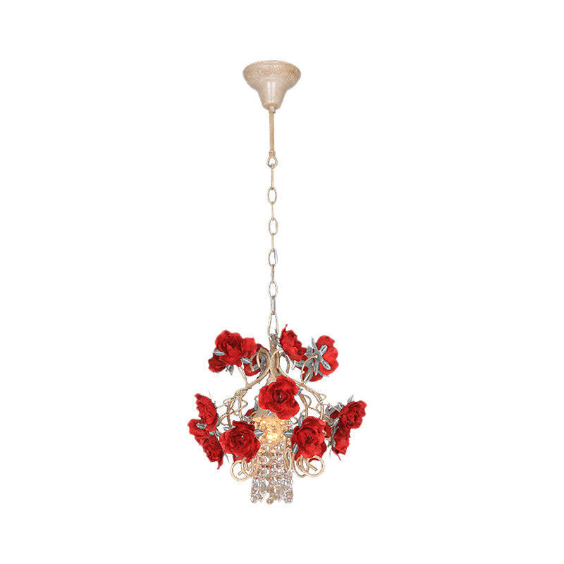 Brass Ceiling Light With Crystal Raindrop Pendant And Flower Decor - Antique Style