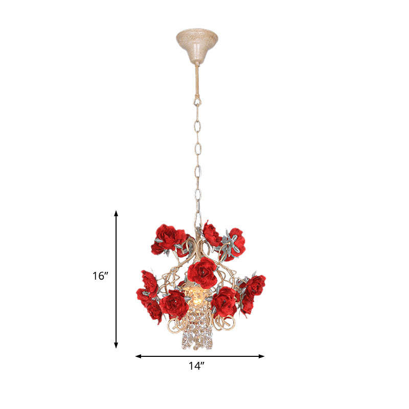 Brass Ceiling Light With Crystal Raindrop Pendant And Flower Decor - Antique Style
